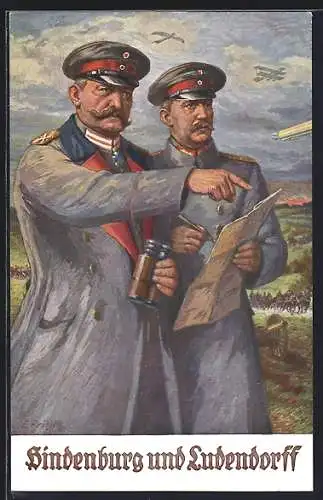 Künstler-AK Erich Ludendorff und Paul von Hindenburg, auf dem Schlachtfeld beim Gefecht