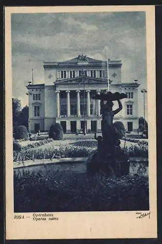 AK Riga, Opernhaus mit Anlagen und Springbrunnen