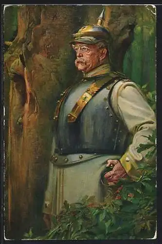 Künstler-AK Otto von Bismarck in Uniform mit Brustpanzer und Pickelhaube