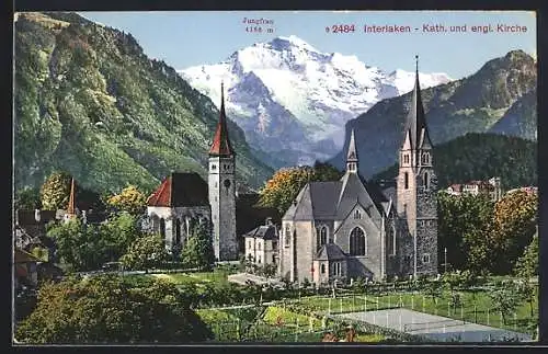 AK Interlaken, Katholische und engl. Kirche, Im Hintergrund Jungfrau