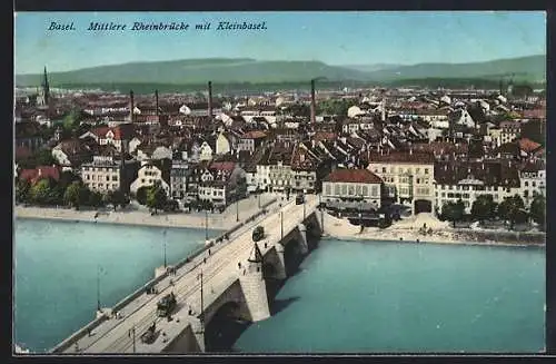 AK Basel, Mittlere Rheinbrücke mit Kleinbasel