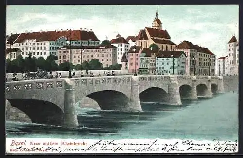 Künstler-AK Basel, Neue mittlere Rheinbrücke mit Confiserie und Strassenbahn