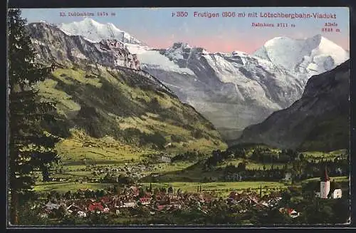 AK Frutigen, Teilansicht mit Lötschbergbahn-Viadukt, Kl. Doldenhorn, Balmhorn und Altels