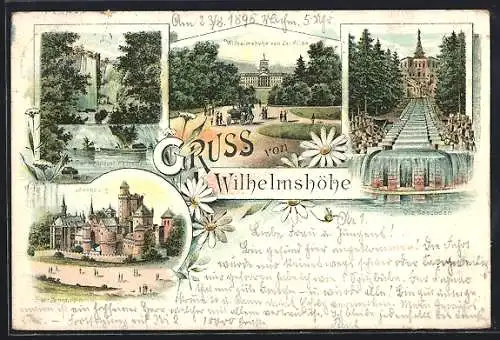 Lithographie Wilhelmshöhe, Löwenburg, Schloss von der Allee, Aquäduct-Wasserfall, Cascaden