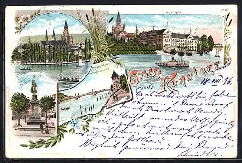 Lithographie Konstanz, Insel-Hotel, Rheintorturm mit Rheinbrücke, Sieges-Denkmal, Münster