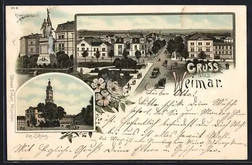 Lithographie Weimar / Thüringen, Das Schloss, Kriegerdenkmal, Strassenpartie