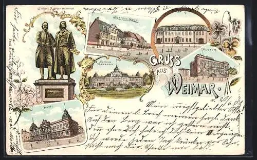 Lithographie Weimar / Thüringen, Schiller-Haus, Schloss Belvedere, Post, Museum und Goethe-Haus