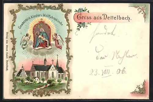 Lithographie Dettelbach, Gnadenbild, Kloster und Wallfahrtskirche