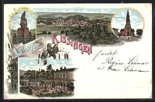 Lithographie Kissingen, Colonnaden und Kurgarten, Kathol. Kirche, Totalansicht