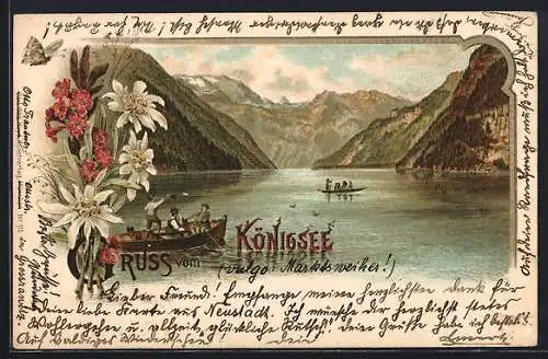 Lithographie Königsee / St. Bartholomö, Ruderboote auf dem See