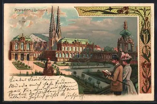 Lithographie Dresden, Besucherpaar am Zwinger