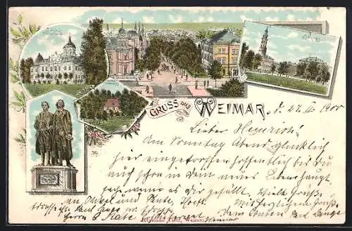 Lithographie Weimar / Thüringen, Schloss, Goethes Gartenhaus, Goethe-Schiller-Denkmal