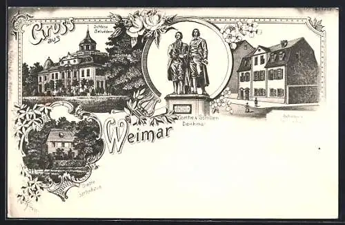 Lithographie Weimar / Thüringen, Schloss Belvedere, Schillers Wohnhaus und Goethes Gartenhaus, Goethe-Schiller-Denkmal