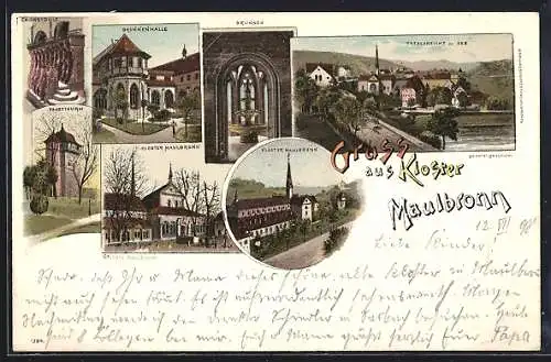 Lithographie Maulbronn, Kloster, Brunnen und Brunnenhalle