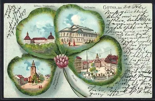 Passepartout-Lithographie Gotha, Schloss Friedenstein, Hoftheater, Neumarkt, Markt im Vierblattklee