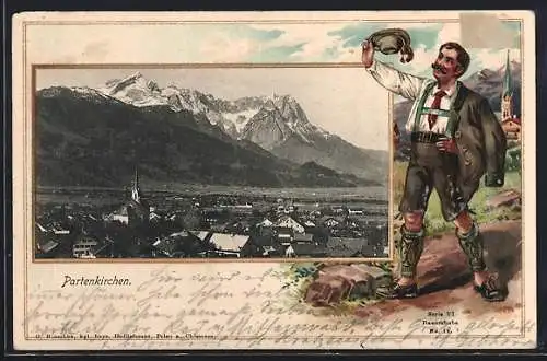 Passepartout-Lithographie Partenkirchen, Gesamtansicht, Bauernbube in Tracht