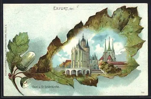 Passepartout-Lithographie Erfurt, Dom und Severikirche im Eichenblatt