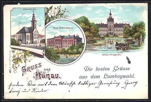 Lithographie Hanau, Johanneskirche, Königliches Zeichenakademie und Schloss Philippsruhe