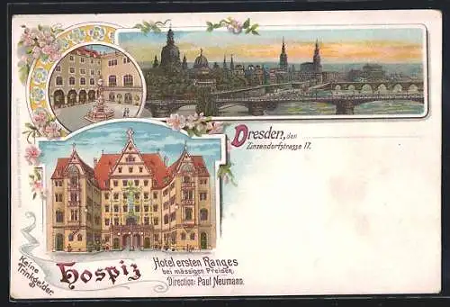 Lithographie Dresden, Hospiz Hotel, Zinzendorfstrasse 17, Stadt-Panorama