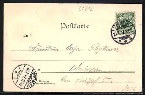 Lithographie Bad Pyrmont, Stahlbrunnenhalle, Brunnenplatz, Bahnhof