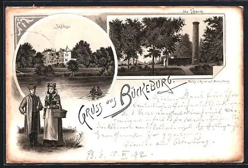 Vorläufer-Lithographie Bückeburg, 1892, Schloss und Ida-Turm, Paar in Tracht