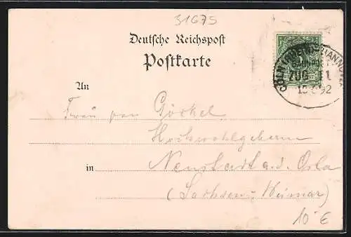 Vorläufer-Lithographie Bückeburg, 1892, Schloss und Ida-Turm, Paar in Tracht