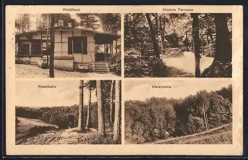 AK Mücheln / Halle, Gasthaus Waldhaus, hintere Terrasse, Inh. P. Henze, Rodelbahn