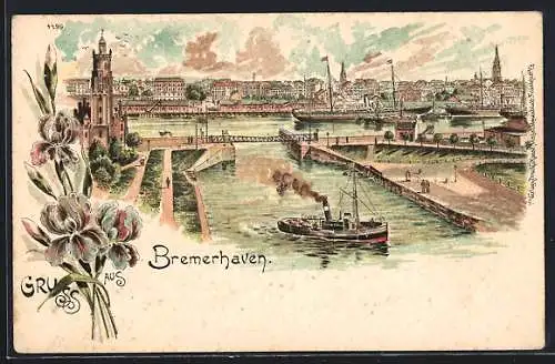 Lithographie Bremerhaven, Dampfer und Hafenpartie