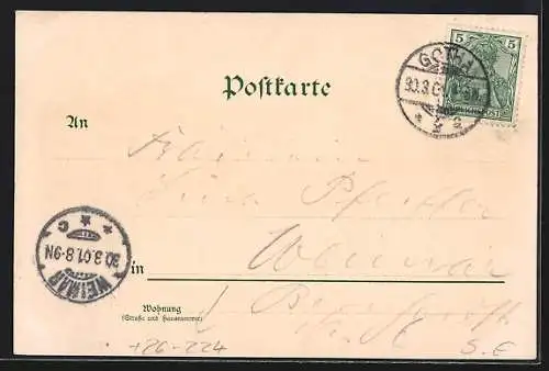 Künstler-AK Erwin Spindler: Gotha, Arnoldiplatz mit Post und Theater