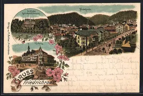 Lithographie Friedrichroda, Panorama, Kurhaus & Schloss Reinhardsbrunn