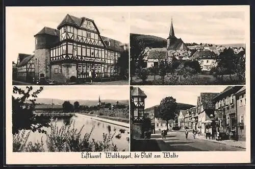 AK Waldkappel, Gasthaus Zum goldenen Anker, Kirche, Strassenpartie mit Gebäudeansicht