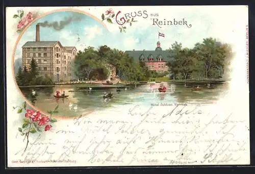 Lithographie Reinbeck, Hotel Schloss Reinbeck mit Ruderbooten