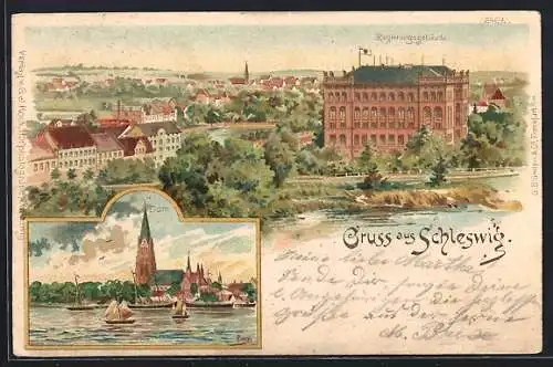 Lithographie Schleswig, Dom und Regierungsgebäude