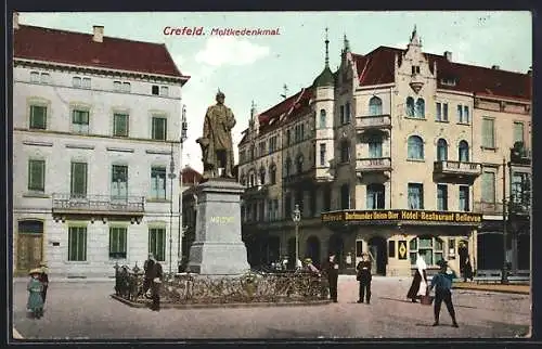 AK Krefeld, Hotel Bellevue, Moltkedenkmal