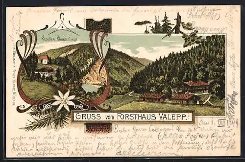 Lithographie Valepp, Blick zum Forsthaus, Kapelle und Klausenhaus