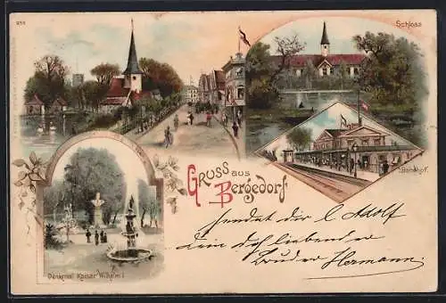 Lithographie Hamburg-Bergedorf, Bahnhof, Pension R. Sievers, Schloss