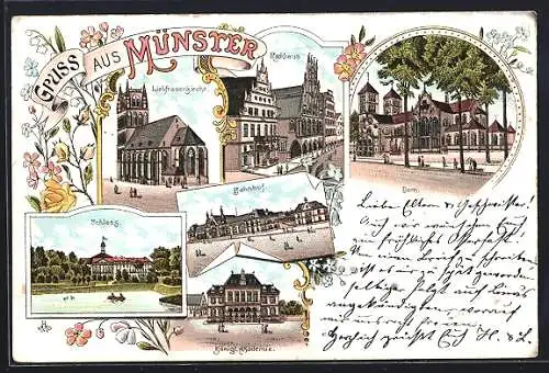 Lithographie Münster / Westfalen, Bahnhof, Rathaus, Schloss