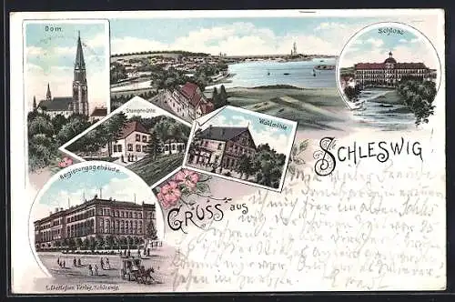 Lithographie Schleswig, Dom, Ortsansicht, Gasthaus Waldmühle, Regierungsgebäude