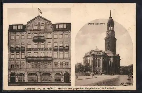 AK Hamburg-St. Georg, Hotel Phönix in der Kirchenallee, Michaeliskirche