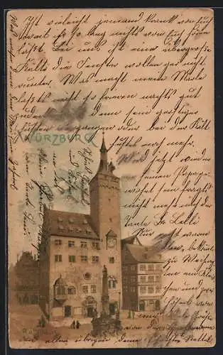 Lithographie Würzburg, Blick auf das Rathaus