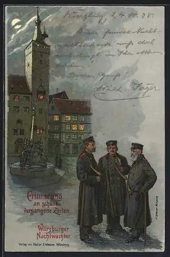 Lithographie Würzburg, Nachtwächter auf dem Marktplatz