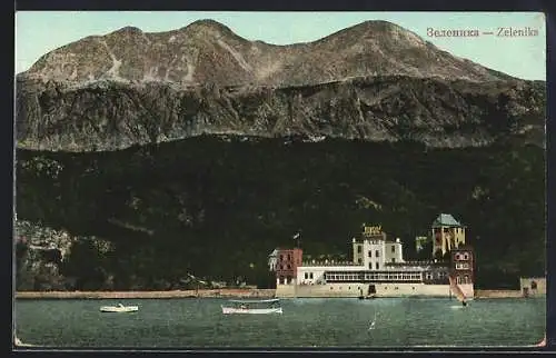 AK Zelenika, Blick vom Wasser aus auf das Hotel Pensio