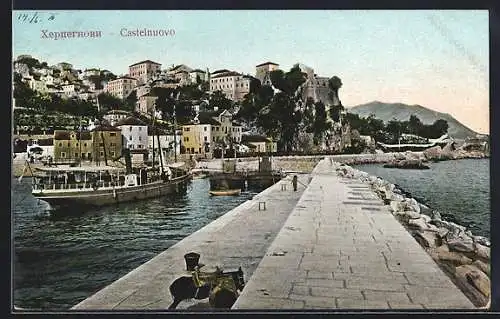 AK Castelnuovo / Herceg Novi, Ortspartie am Hafen, Dampfer