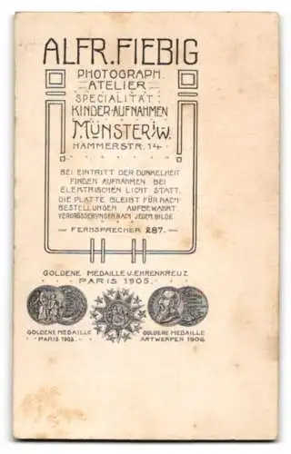 Fotografie Alfr. Fiebig, Münster, Hammerstr. 14, Kleinkind auf kunstvollem Stuhl