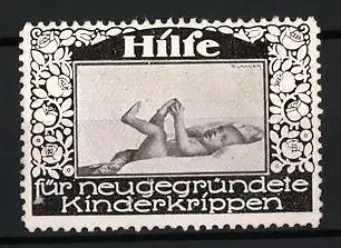 Reklamemarke Hilfe für neugegründete Kinderkrippen, Baby mit Blumenranken