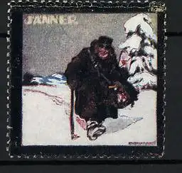 Künstler-Reklamemarke Ernst Kutzer, Januar, Winterlandschaft mit Mann im Schnee