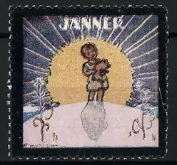 Künstler-Reklamemarke Ernst Kutzer, Jänner, Kind mit Lamm vor Sonne