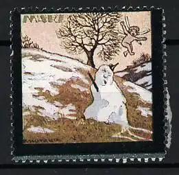 Künstler-Reklamemarke Ernst Kutzer, März, Schneemann und Engel im Winterland