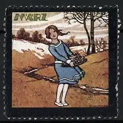 Künstler-Reklamemarke Ernst Kutzer, März, Frau mit Blumenstrauss im Frühling