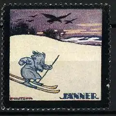 Künstler-Reklamemarke Ernst Kutzer, Jänner, Skifahrer im Schnee